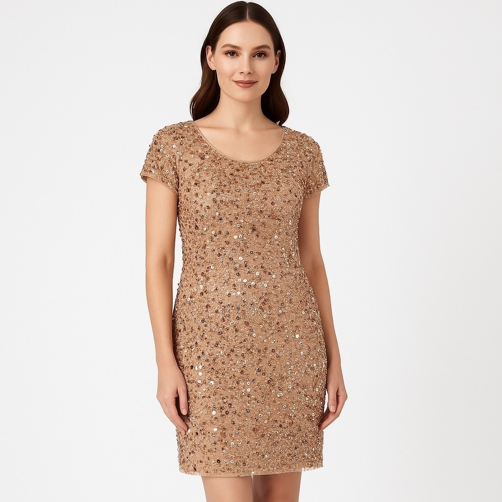 Adrianna Papell Sequin Mesh Cocktail Dress Rose Gold Petite Party 10P